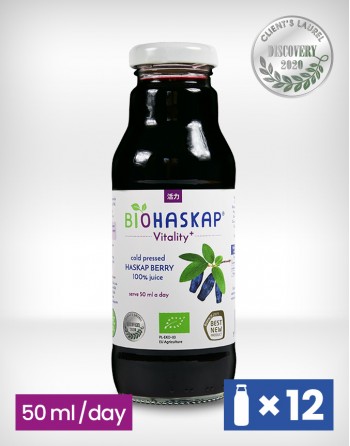 12 x 300 mL sok BIO certyfikowany z jagody kamczackiej BIOHASKAP ®Vitality +. Źródło potasu. Best New Product BIOFACH 2019