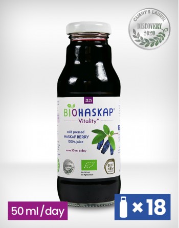 18 x 300 ML sok BIO certyfikowany z jagody kamczackiej BIOHASKAP ®Vitality +. Żródło potasu.Best New Product BIOFACH 2019