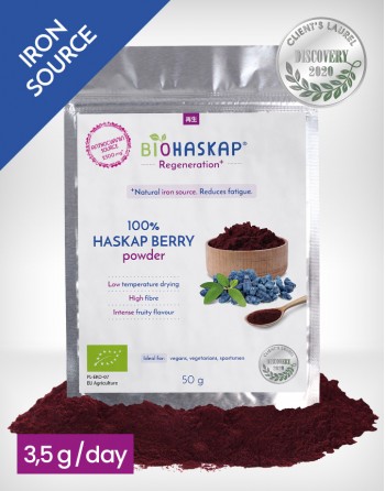 Proszek koncentrat BIO jagody kamczackiej BIOHASKAP ® Regeneration+, 50g, źródło antocyjanów i żelaza