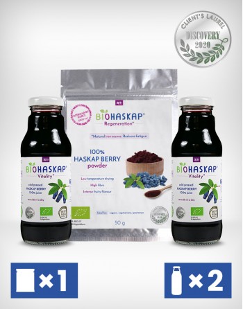 zestaw BIOHASKAP® sok BIO z jagody kamczackiej 2 but x 300ml, źródło potasu + proszek 50g, źródło antocyjanów i żelaza