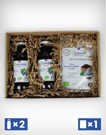 zestaw prezentowy BIOHASKAP ® nutraceutyki BIO z jagody kamczackiej: sok 2 but  x 300ml + proszek 50g