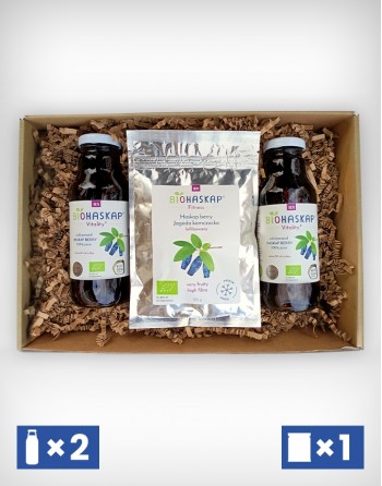 Zestaw prezentowy BIOHASKAP® sok bio z jagody kamczackiej 2 but x 300ml + liofilizowana jagoda kamczacka 20g