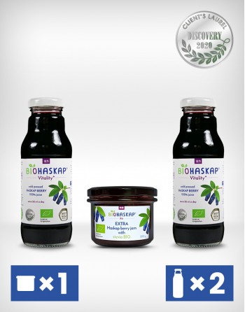 Set BIOHASKAP® organic haskap berry juice 2 bottles x 300ml, source of potassium + haskap berry jam with stevia BIO, 200g